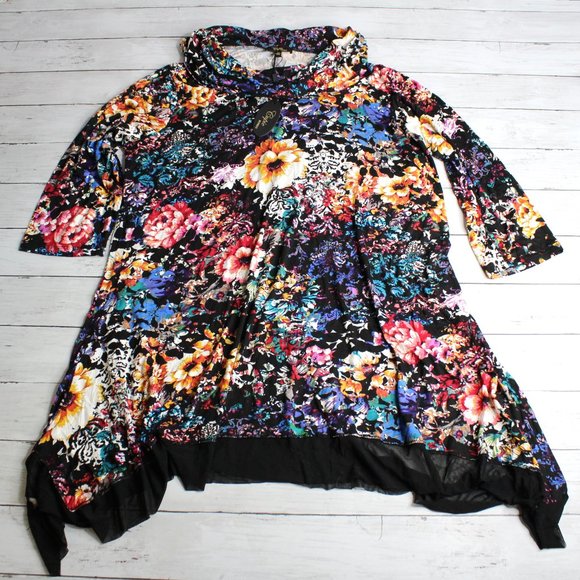 Cupio Women's Tunic Top Plus Size 2X Black Floral Cowl Neck 3/4 Sleeves - Picture 1 of 4
